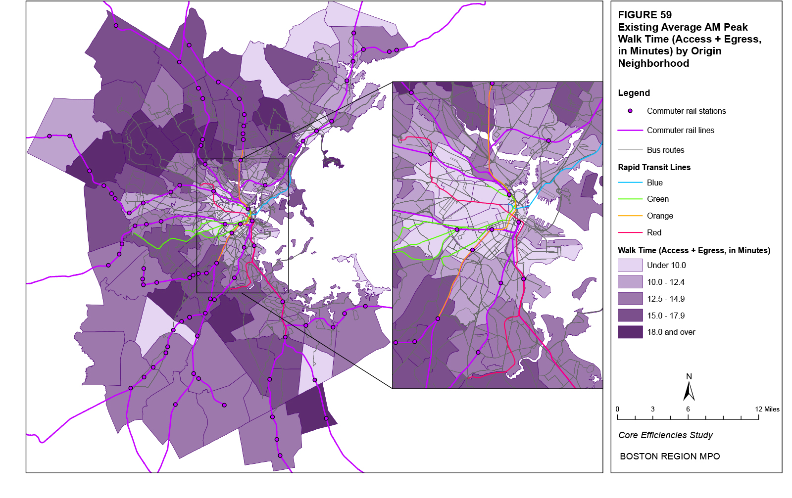This map shows the existing average AM peak walk times for origin trips by neighborhood.
